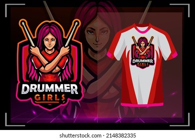 Drummer girls mascot. esport logo design