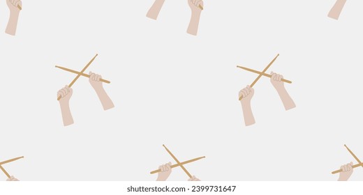 Drummer hands with Drumsticks isolated on white, Musical seamless pattern. Vector Flat style template for Wrapping paper, Packaging, Wallpaper. Music concept background. Isolated on white elements