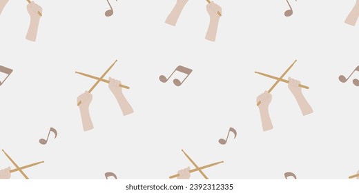 Drummer hands with Drumsticks and Musical notes seamless pattern. Vector Flat style template for Wrapping paper, Packaging, Wallpaper. Music concept background. Isolated on white elements