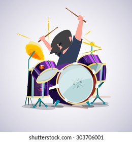 drummer with his drum set.Rock concept character design - vector illustration