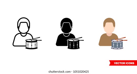 Drummer icon of 3 types: color, black and white, outline. Isolated vector sign symbol.