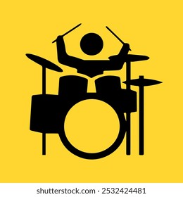 Drummer Icon symbol isolated on a yellow background. Drumset, silhouette of a drum.