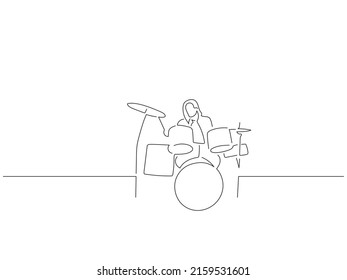Drummer in line art drawing style. Composition of a musician playing. Black linear sketch isolated on white background. Vector illustration design.