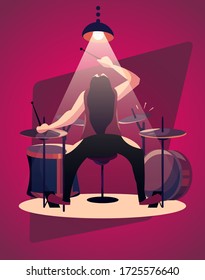 A drummer with long black hair plays heavy music. Lamp light shines from above on the drummer cartoon vector illustration.