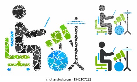 Drummer mosaic of rough items in various sizes and shades, based on drummer icon. Vector rough dots are organized into collage. Drummer icons collage with dotted pattern.