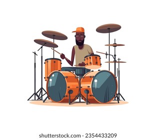 Drummer musician with drum flat cartoon isolated on white background. Vector illustration