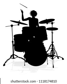 A drummer musician drumming drums in detailed silhouette