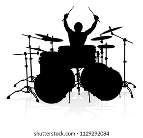 A drummer musician drumming drums in detailed silhouette