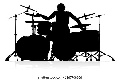 A drummer musician drumming drums in detailed silhouette