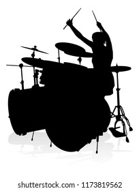 A drummer musician drumming drums in detailed silhouette