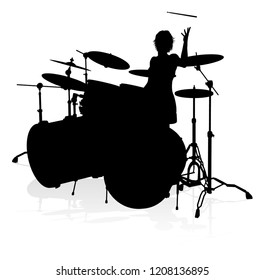 A drummer musician drumming drums in detailed silhouette