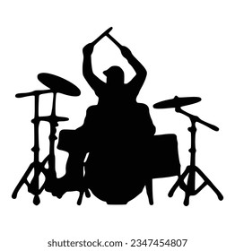 A drummer musician drumming drums in detailed silhouette