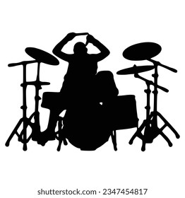 A drummer musician drumming drums in detailed silhouette