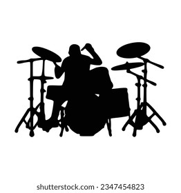 A drummer musician drumming drums in detailed silhouette