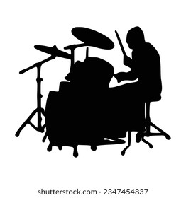 A drummer musician drumming drums in detailed silhouette