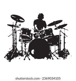 A drummer musician drumming drums in detailed silhouette