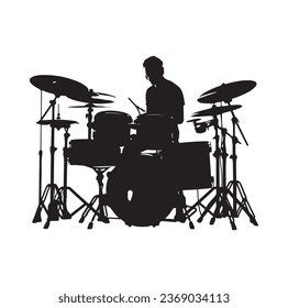 A drummer musician drumming drums in detailed silhouette