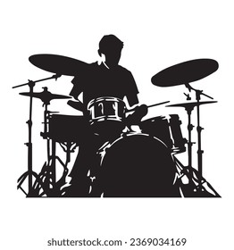 A drummer musician drumming drums in detailed silhouette