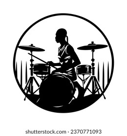 A drummer musician drumming drums in detailed silhouette