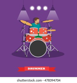 Drummer musician playing drums. Vector illustration in flat style design.