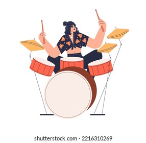 Músico de tambores tocando música moderna en el kit de tambores. Chica, solista con tambores tocando instrumentos de percusión con címbalos. Ilustración vectorial plana aislada en fondo blanco