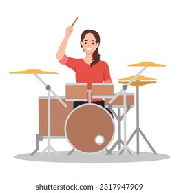 Drummer musician playing modern music at drum kit. Girl player, solo performer with drumsticks performing on percussion instrument with cymbals. Flat vector illustration isolated on white background