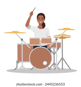 Drummer Musiker spielt moderne Musik im Drum Kit. Mädchenspieler, Solo-Performer mit Trommelstöcken, der auf einem Schlaginstrument mit Becken auftritt. Flache Vektorillustration isoliert auf weißem Hintergrund