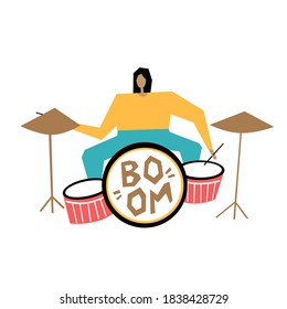 Drummer musician vector illustration. Flat hand drawn illustration. Сartoon characters of musicians. Music concert, festival