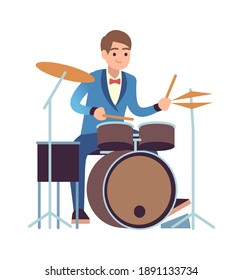 Drummer performance. Classic male musician character in blue dress plays on drum set, percussion instrument acoustic music show entertainment concept flat vector cartoon isolated on white illustration