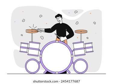 Drummer performance simple. Man with drums, talented musician with percussion. Creativity and art. Entertainment, hobby and leisure. Doodle flat vector illustration isolated on white background