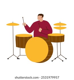 Schlagzeuger, der ein Schlagzeug spielt. Musiker in Aktion mit Drumsticks gezeigt, und ihr maroon Hemd kontrastiert das einfache Design. Geeignet für die Verwendung in musikbezogenen Designs, Plakaten, Konzertflyer-Websites