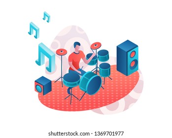 Drummer playing drums, 3d isometric illustration with modern rock musician with drumstick, music show or concert template