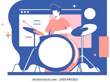 Drummer playing drums and cymbals on stage, flat vector illustration.