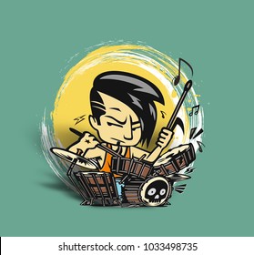 Drummer playing drums, Flat vector cartoon illustration