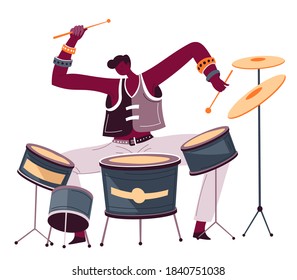 Drummer playing drums, isolated male character with equipment and sticks playing songs. Professional player of jazz or rock. Expressive man musical hobby or activity. Rehearsal vector in flat style