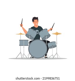 Bamborero tocando tambores aislados en fondo blanco. Concepto de música rock. Material vectorial