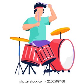 Drummer playing drums isolated vector illustration. Excited musician playing hard rock music with sticks on drums. Musician character performing on stage with percussion instrument. Entertainment show