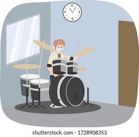 Drummer is playing his drum at home