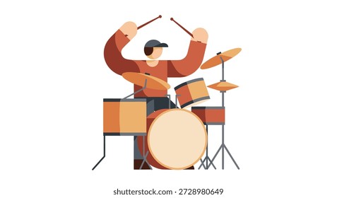 Drummer playing kit in a stylized, flat design