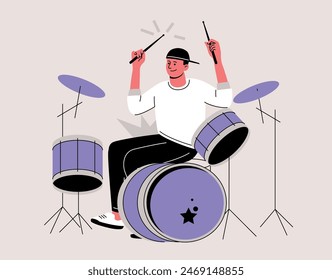 Drummer plays drums. Performer on stage. Music festival or open air concert. Rock band show. Guy with drumsticks. Musician vector illustration isolated on beige.