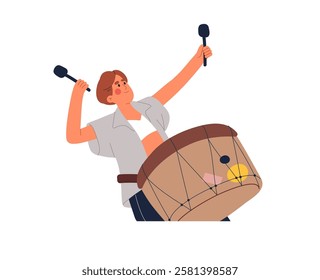 Drummer plays percussion instrument. Street musician performs with drum and drumsticks in music performance. Artist, performer shows in concert. Flat isolated vector illustration on white background