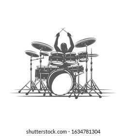 Drummer plays percussion instruments. Isolated on a white background. Design element for music logos, labels, emblems. Vector illustration