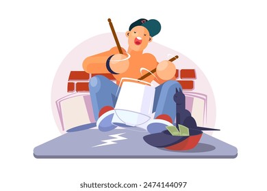 Drummer Practicing on Street, vector illustration of musical skill development