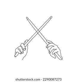 Drummer raise hands with drumsticks up. One line art. Musician artist performance concept. Hand drawn vector illustration.