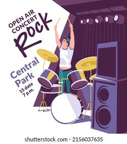 Drummer in the rock genre on stage. Flyer poster design for concert festival flat vector illustration