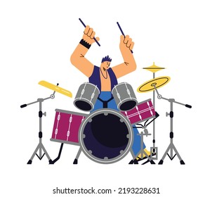 Drummer rock or jazz musician playing music on drums set, cartoon flat vector illustration isolated on white background. Performance of music on percussion instruments.