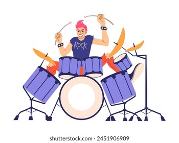 Drummer. Rock music character plays with sticks on drums and and cymbals, show entertainment concept, performing song. Talented musician. Musical vector cartoon flat isolated on white illustration