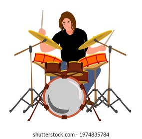 Drummer. Rock music. Guy drummer at drum. Man playing with sticks on drums and cymbals flat style design. Talented musician. Cartoon vector illustration. Musical art concept