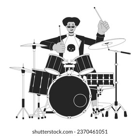 Drummer rock and roll black and white cartoon flat illustration. Hispanic young adult man in punk rock 2D lineart character isolated. Rockstar male beats drumming monochrome scene vector outline image