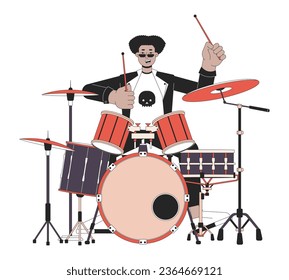 Drummer rock and roll line cartoon flat illustration. Hispanic young adult man in punk rock 2D lineart character isolated on white background. Rockstar male beats drumming scene vector color image